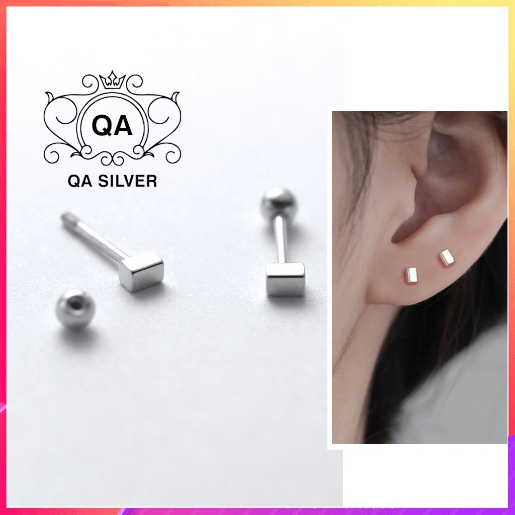 Khuyên tai bạc 925 khối hình hộp chữ nhật chốt bi vặn bông nam nữ tối giản S925 MINIMAL QA SILVER Earrings EA220906