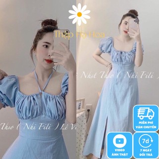 Váy cổ vuông tay bồng tiểu thư – Đầm tay phồng dự tiệc cổ vuông xẻ tà AS07