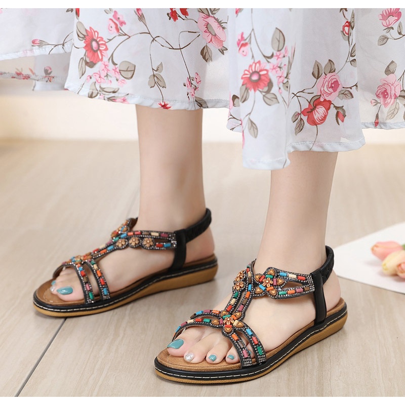 Giày sandal Siketu quai dây mảnh đính hạt xinh xắn, đế 3cm (sẵn 39 be)