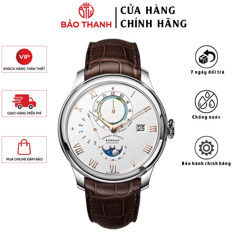 Đồng Hồ Nam BORMAN BM3537-1 Chính Hãng BH 24T Chịu Nước 50m Kính Chống Xước Dây Da Cao Cấp (Máy Cơ Tự Động)