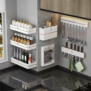 Bộ giá, kệ dán tường để dụng cụ nhà bếp,  hũ gia vị nắp vung thớt hộp dao đũa móc treo muỗng nhựa ABS cao cấp ASSEL