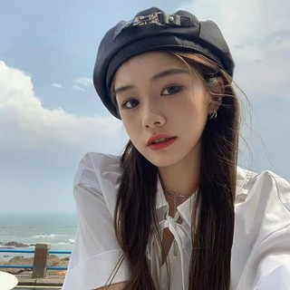 Đen Mũ beret Da Phối Nút Cá Tính Dành Cho Nữ