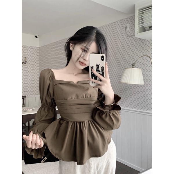Áo cổ vuông cách điệu xếp li tay bồng chun đủ size S M L huyen hip