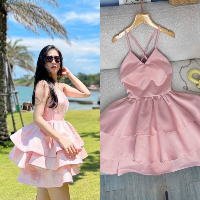 Đầm váy tafta hồng yếm hở lưng ngắn xoè tầng thời trang nữ sang trọng tiểu thư đi du lịch biển tiệc bar pub club party