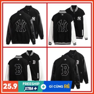 <. áo khoác bomber varsity m.l.b ny thêu logo cam form rộng phối tay da <.