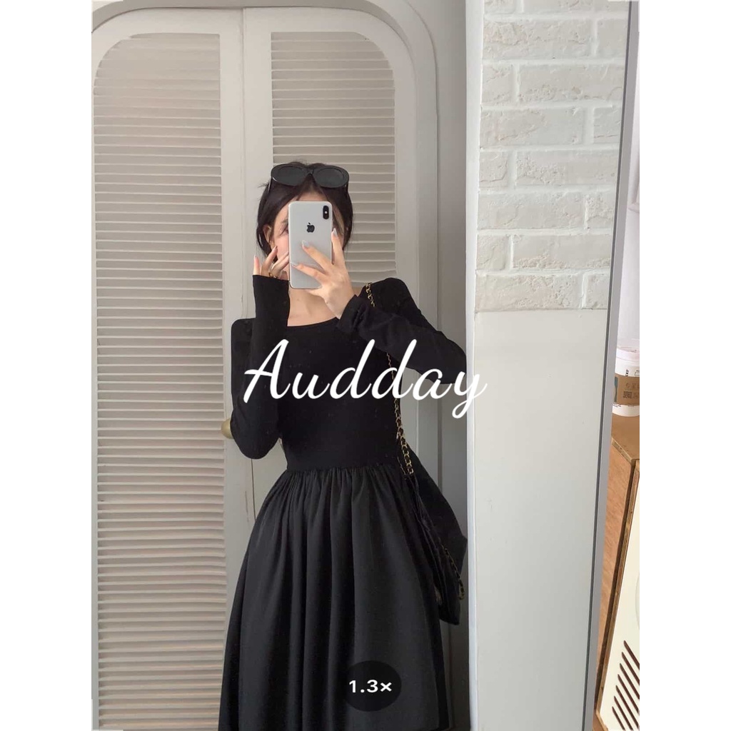 Audday Đầm Dài Tay Hở Lưng Dáng Ôm Thời Trang Mùa Thu Phong Cách Pháp Dành Cho Nữ