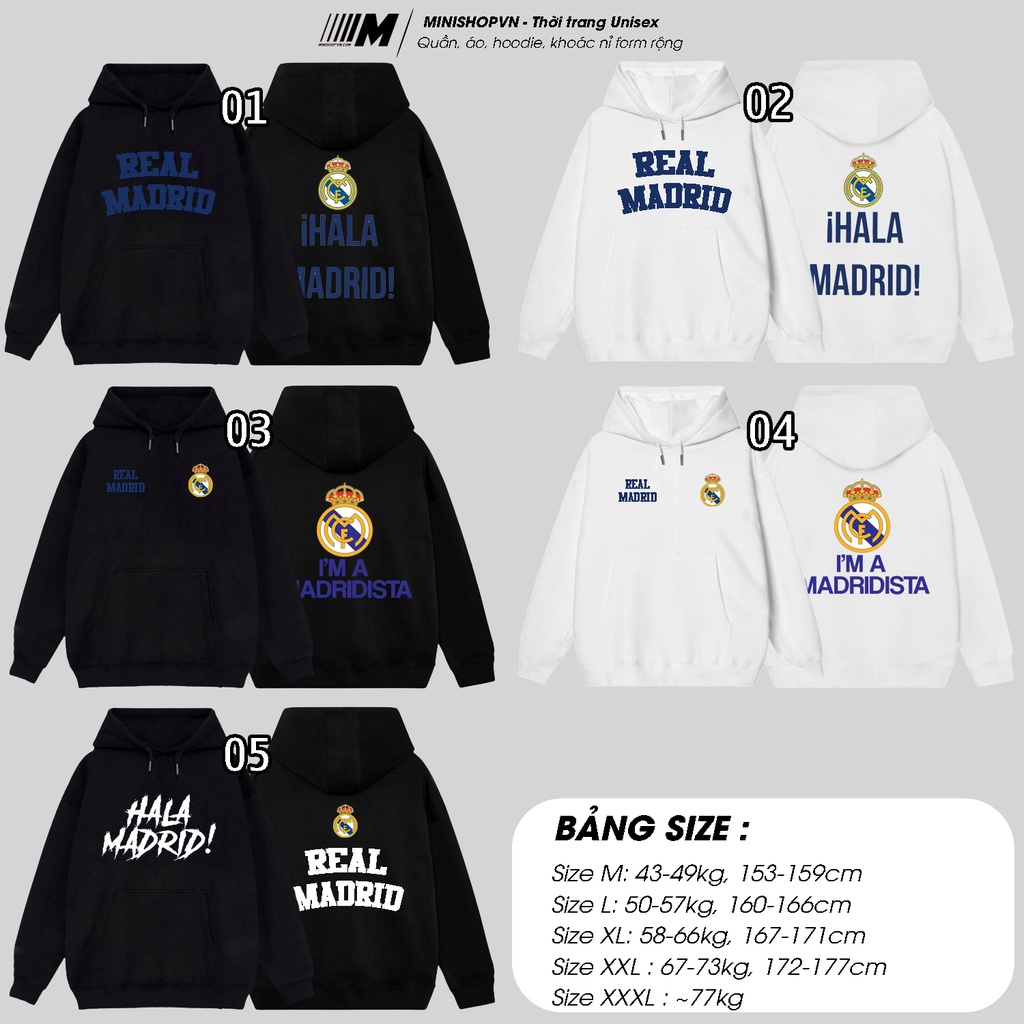 Áo hoodie nỉ in hình CLB Real Madrid, BST 15 mẫu khoác Real mới, hoodie nam nữ chất nỉ bông dày ấm mềm mịn dáng rộng