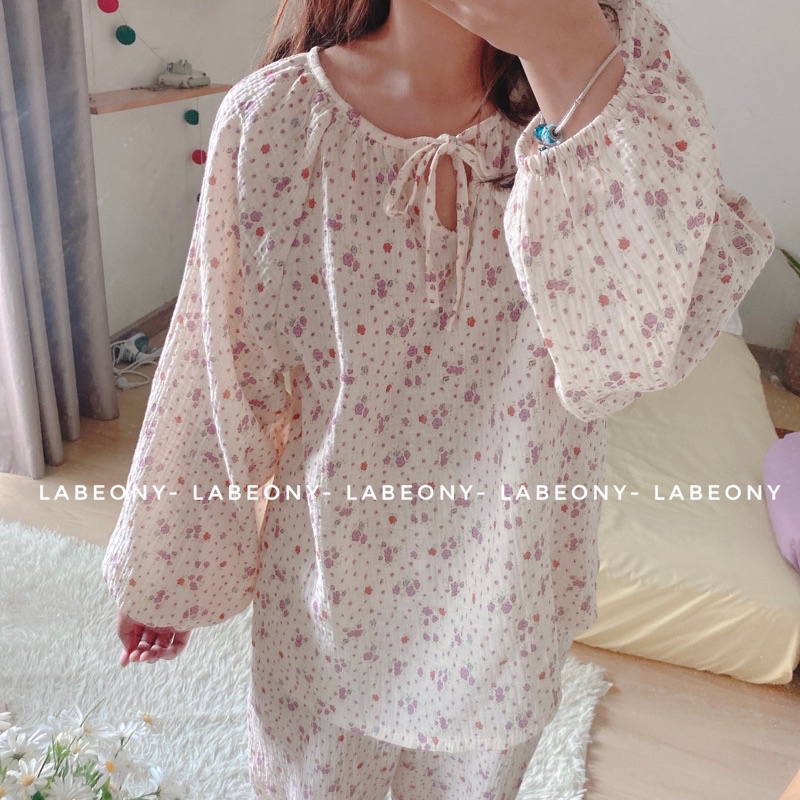 Đồ bộ nữ mặc nhà pyjama cổ tròn hoa Tulip ngắn dài xô muslin Labeony