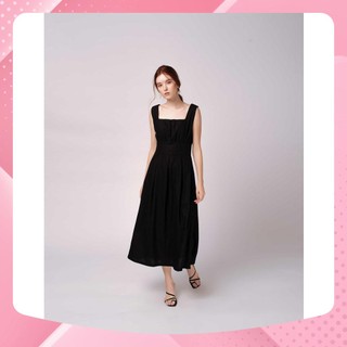 Đầm midi nữ yv le & co vải linen màu đen nữ tính