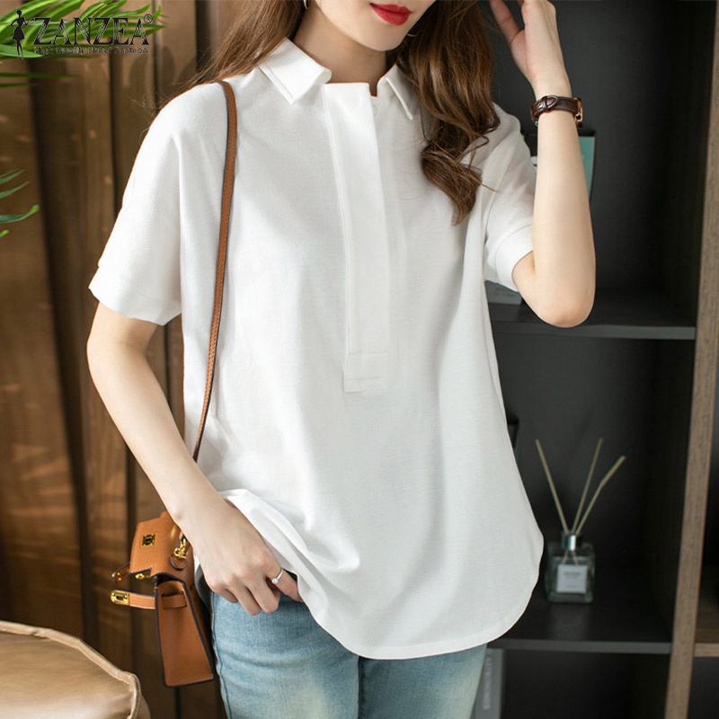 Áo kiểu nữ ZANZEA tay ngắn màu trơn phong cách Hàn Quốc