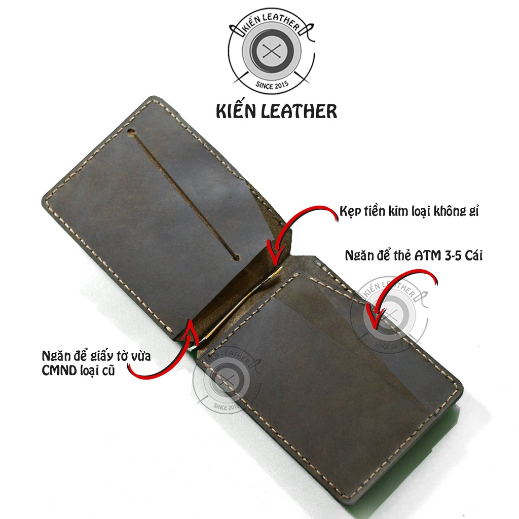 Ví nam mini, ví kẹp tiền money clip thiết kế Kiến Leather