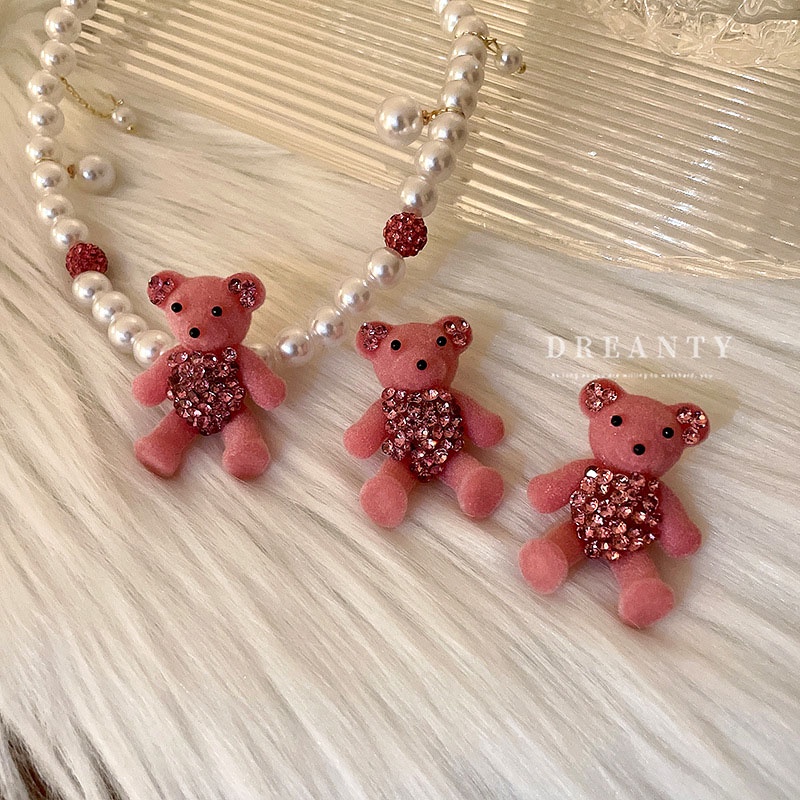 Bông Tai Hình Gấu Đính Kim Cương Màu Hồng Dễ Thương Phong Cách Hàn Quốc Thời Trang Thu Đông