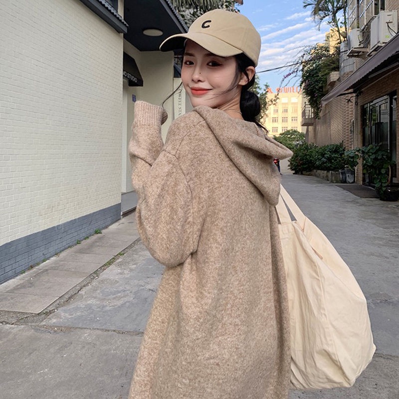 Áo Hoodie Dệt Kim Dày Dáng Rộng Dài Thời Trang Thu Đông Hàn Quốc Mới Cho Nữ