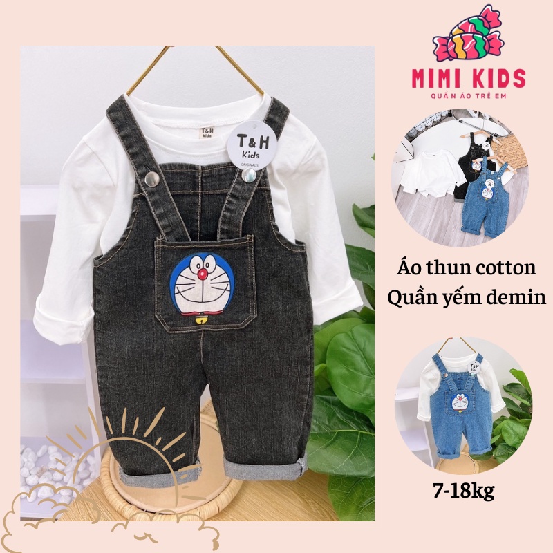 Quần áo trẻ em, Set áo thun dài tay và quần bò yếm họa tiết Doremon cho bé từ 7 đến 18 kg, Mimi Kids