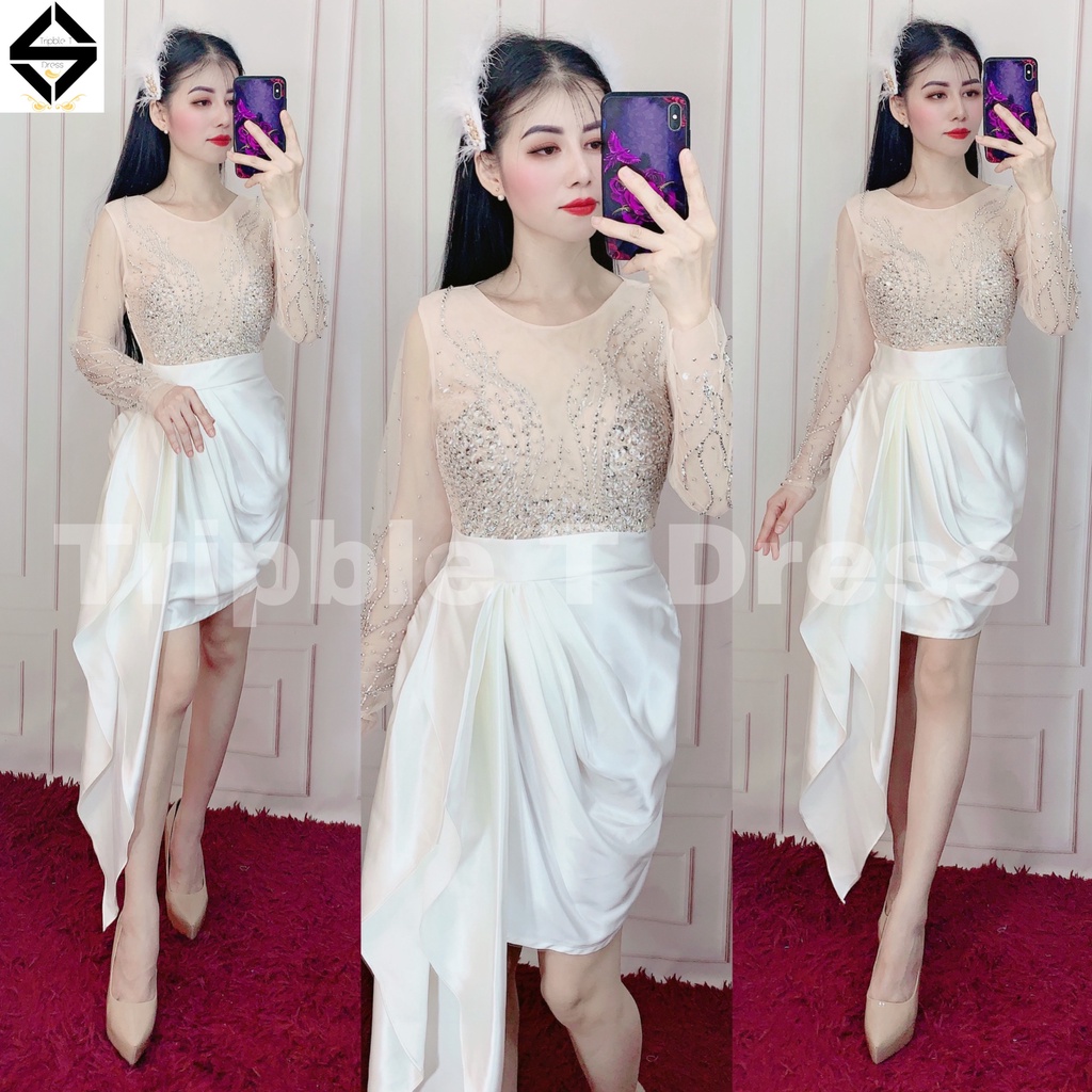 Đầm body ngắn tay dài lưới kết đá cườm TRIPBLE T DRESS - size S/M/L - MS229Y