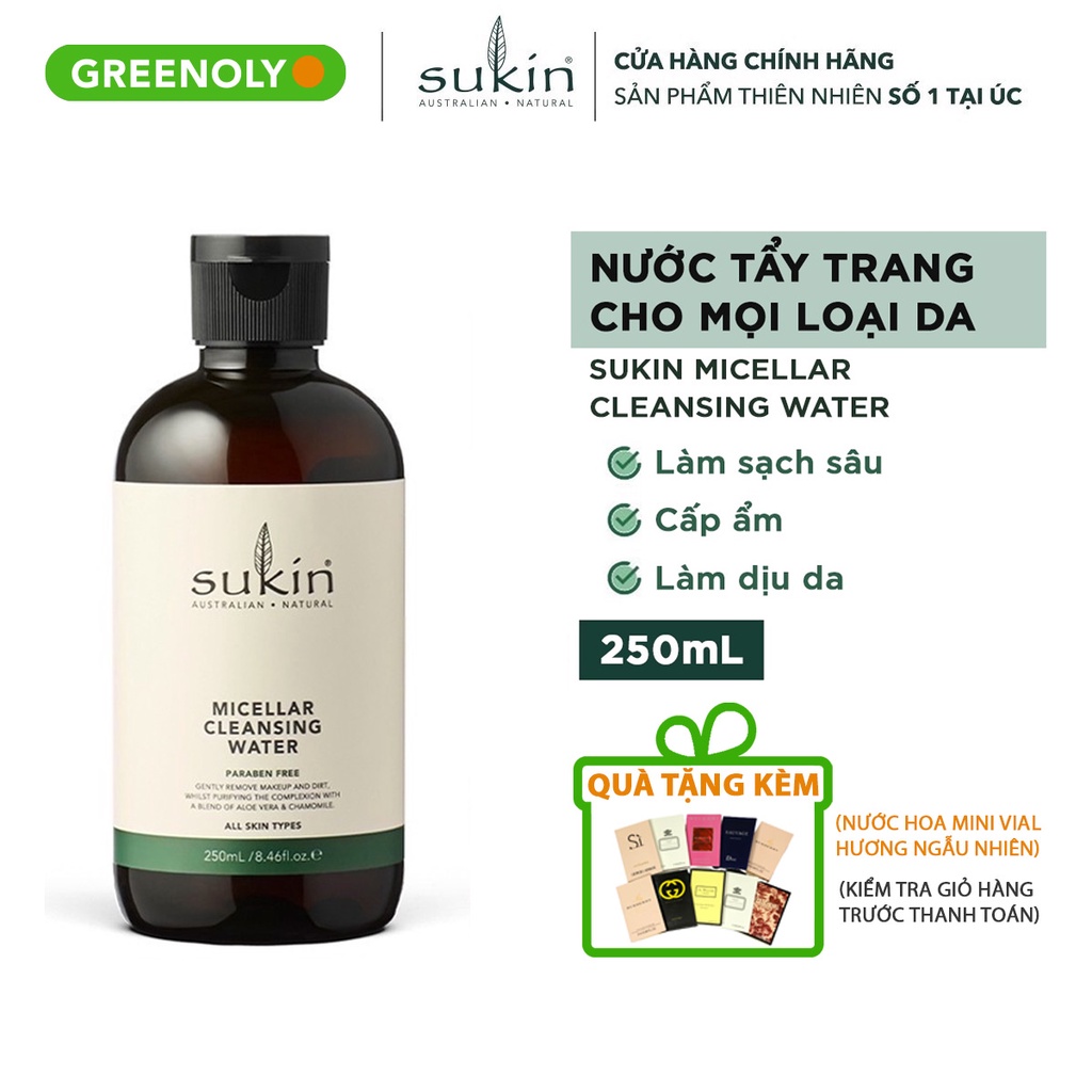 Sukin Nước Tẩy Trang Micellar Cleansing Water 250ml - Tặng kèm bông tẩy trang