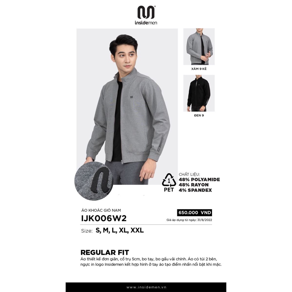 Áo khoác nỉ Insidemen cổ trụ bo gấu có túi   màu xám IJK006W2