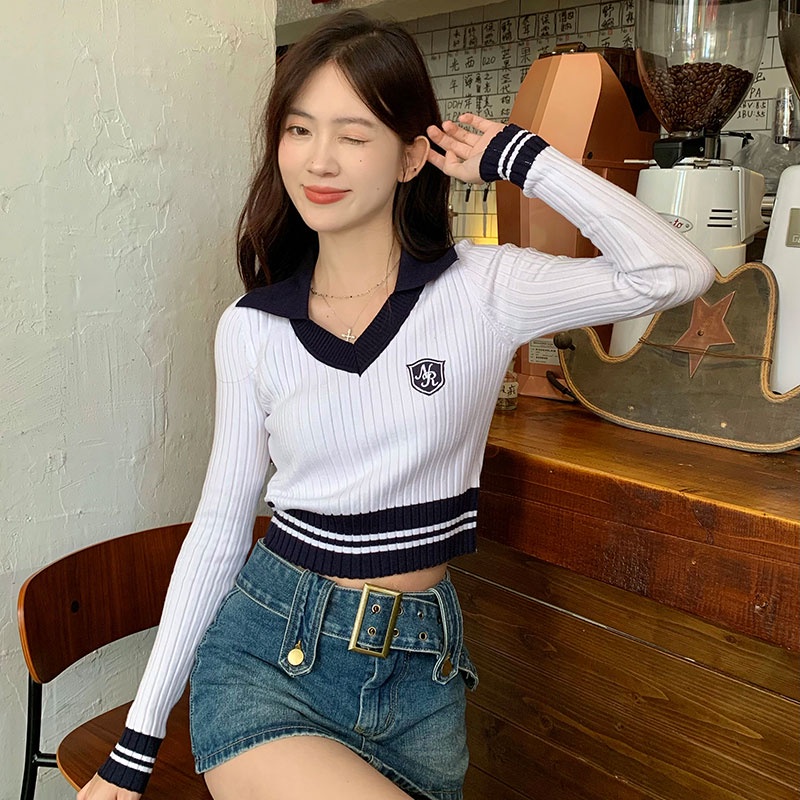 Áo Len Tay Dài Cổ Chữ V Màu Tương Phản Phong Cách Hàn Quốc Thời Trang Cho Nữ