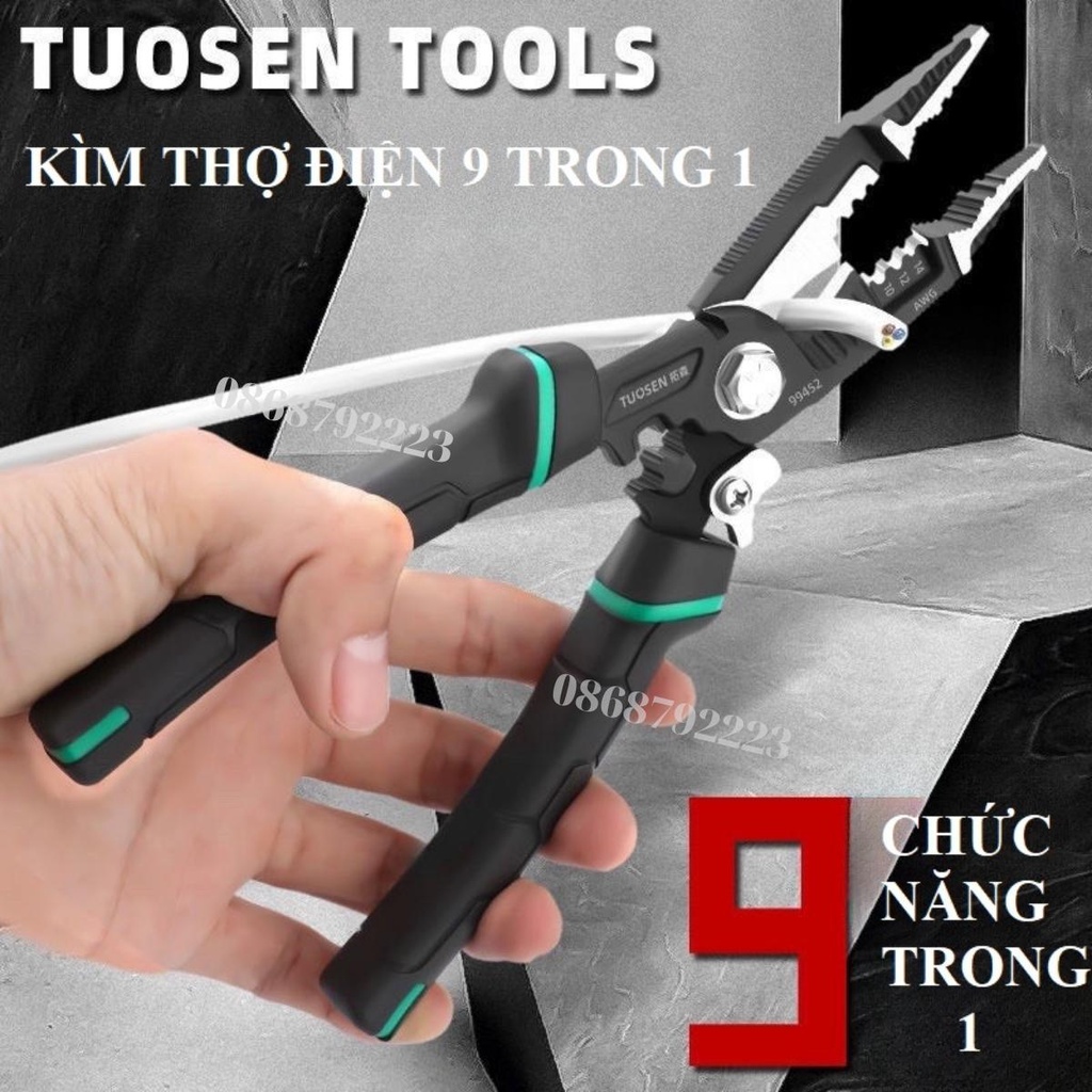 Kìm tuốt dây điện đa năng 9 trong 1 chính hãng TOUSEN cao cấp - Kềm cắt dây, tuốt vỏ Thép CRV độ cứng HRC60