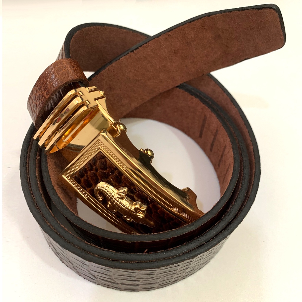 Thắt Lưng Nam Da Bò Nguyên Miếng 1 Lớp Màu Nâu Đậm Dập Vân Cá Sấu Mặt Khóa Tự Động Gold