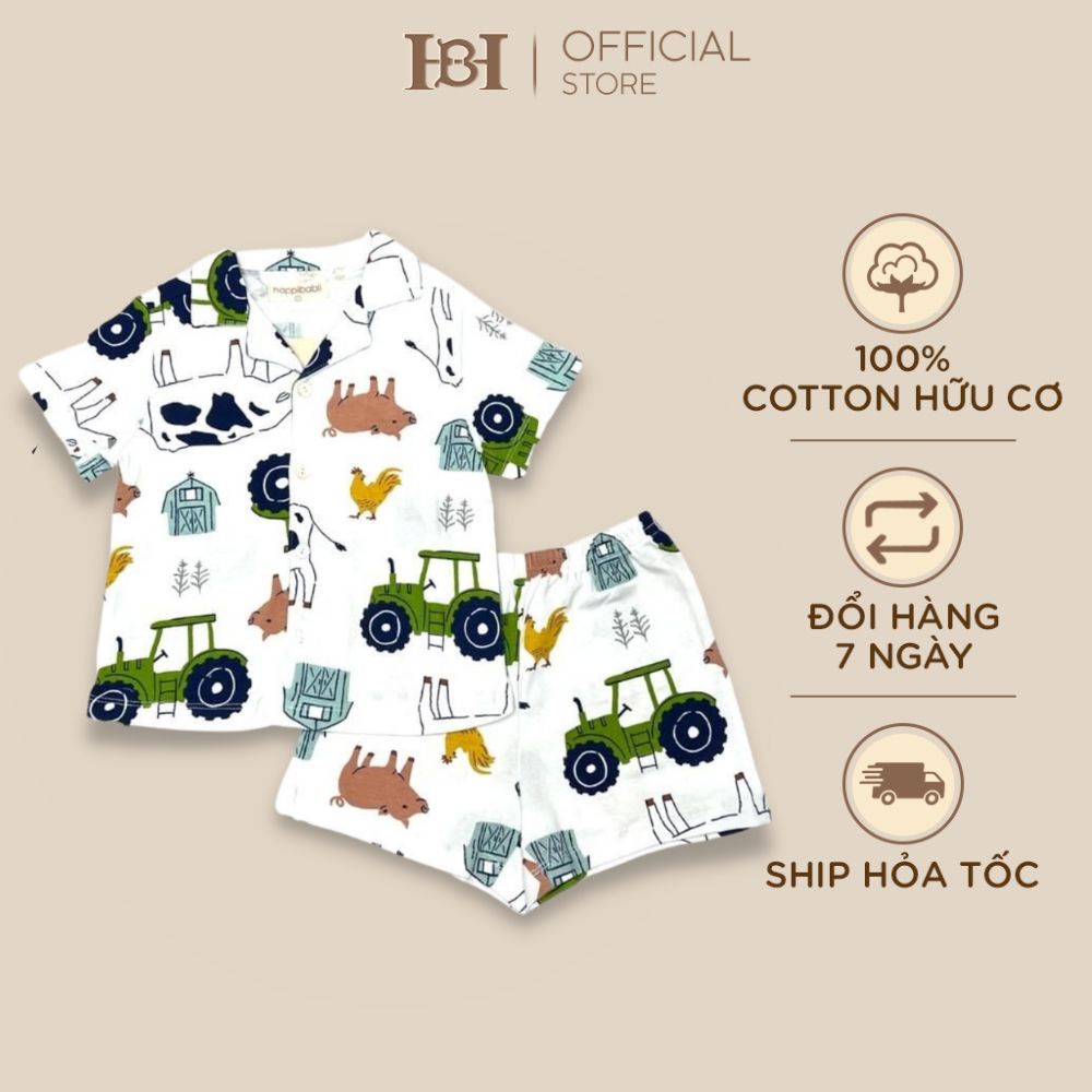 Bộ quần áo pyjama cộc tay Hapiibabii Cotton Organic nhập khẩu, pijama cho mẹ bé mặc nhà mùa hè họa tiết gà (1-10 Tuổi)