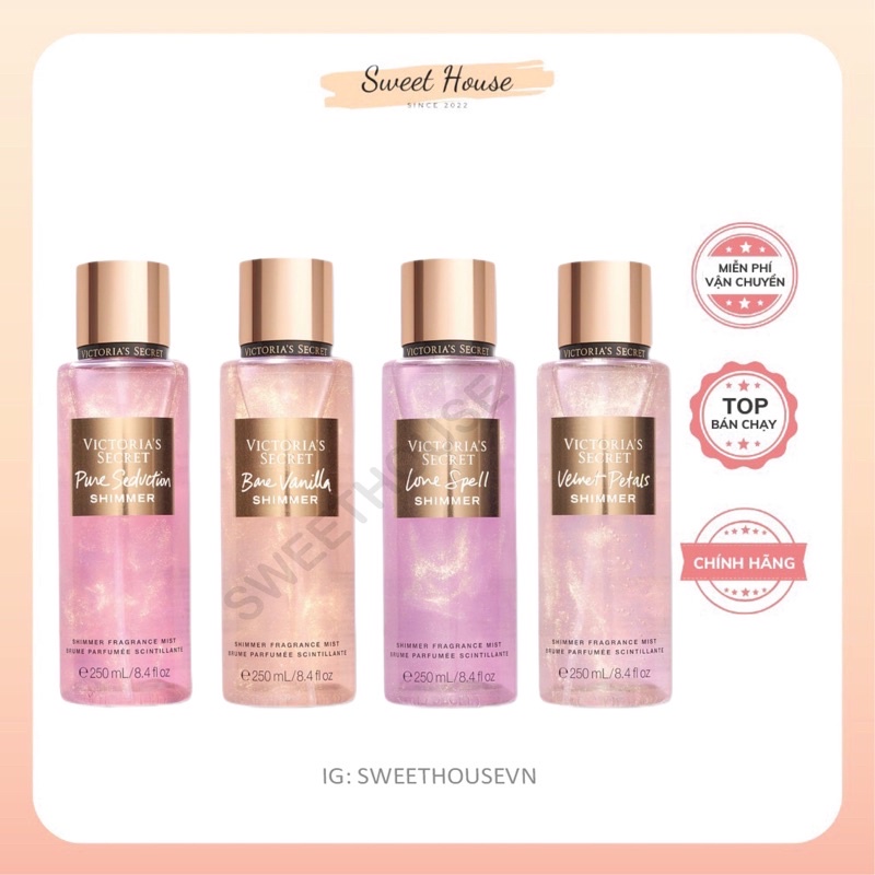 Shimmer Nhũ - Xịt thơm Body Mist Victoria’s Secret - Love Spell Shimmer - Velvet Petals Shimmer