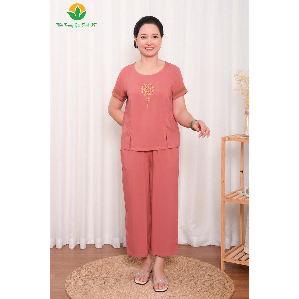 Đồ mặc nhà trung niên mùa hè Việt Thắng, quần lửng, áo cộc tay, chất lanh - B26.2202