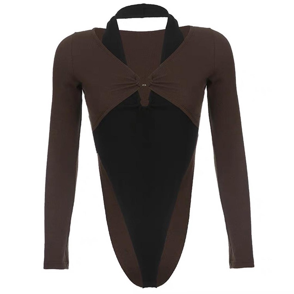 Áo liền quần tay dài nữ Junest  Bodysuit dáng ôm phối 2 màu cá tính  cổ yếm khuyết tròn  ALQPM003 | BigBuy360 - bigbuy360.vn