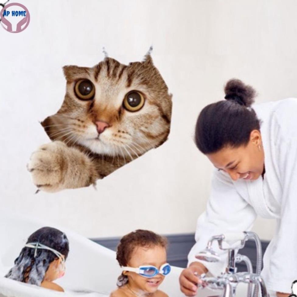 Tranh mèo 3D sống động decal dán xe hơi laptop toilet trang trí nhà cửa bằng sticker