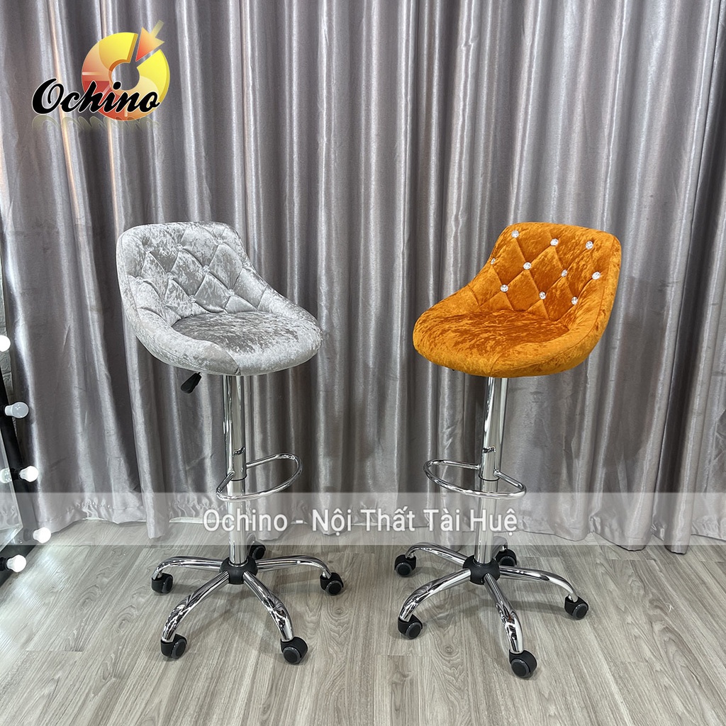 Ghế Bar, Ghế Trang Điểm Có Bánh Xe Điều Chỉnh Độ Cao 65/ 85Cm Và Xoay 360 Độ Mẫu Nỉ Nhung Đính Đá (Có Sẵn)