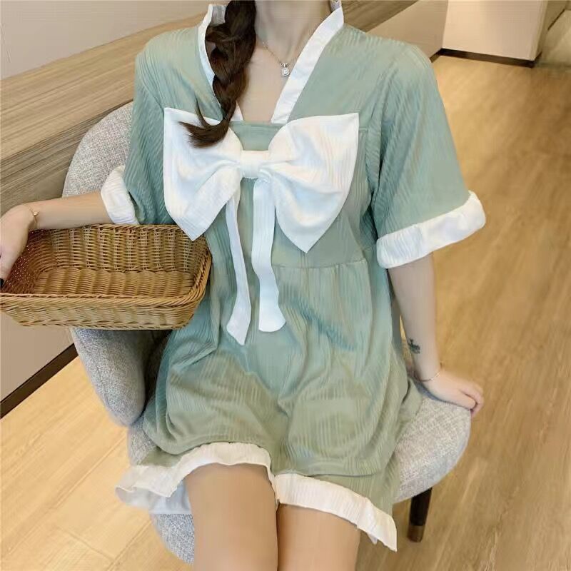 Bộ Đồ Ngủ Tay Ngắn Đính Nơ Phong Cách Công Chúa Dễ Thương Thời Trang Mùa Hè Cho Nữ