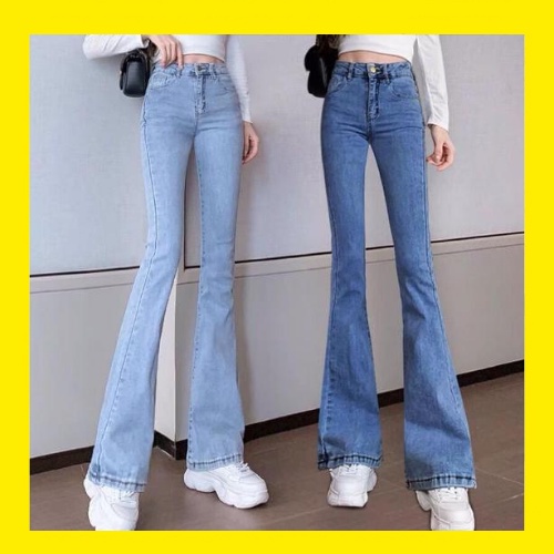 Quần jean ống loe cạp cao dáng dài tua rua