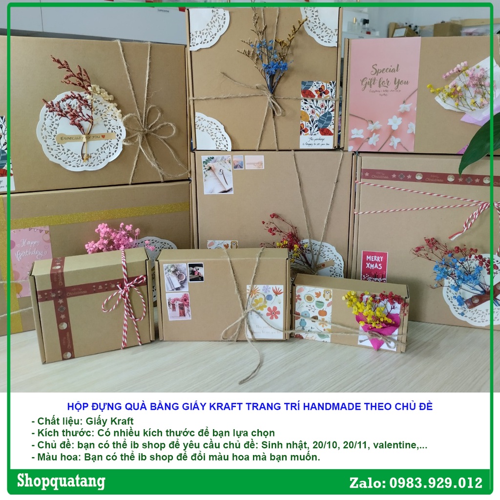 Hộp quà giấy kraft trang trí handmade theo chủ đề bao gồm hộp và trang trí bên ngoài, giấy rơm và hoa bên trong