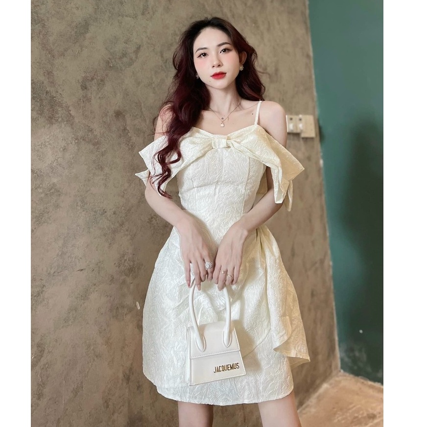 Váy Trễ Vai Tay Phồng Nơ Cổ,Đầm 2 Dây Nữ Thiết Kế dáng Xòe Tiểu Thư Dự Tiệc Dạo Phố (Chất Gấm Xốp Có Mút) XM Minh Phúc