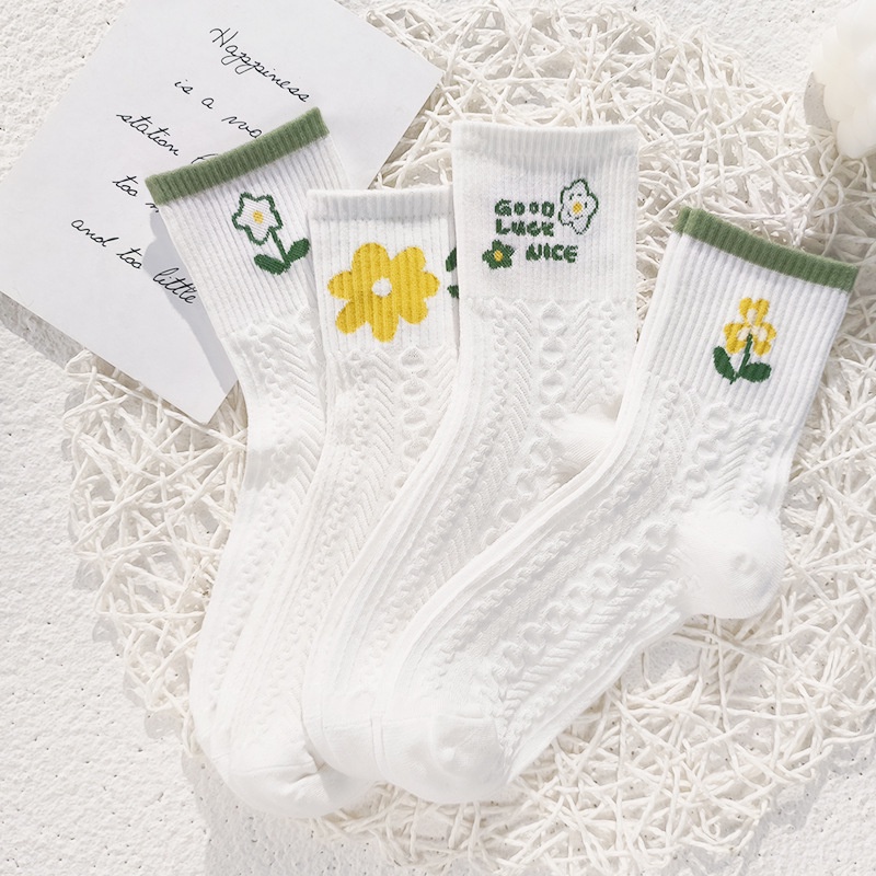 Vớ cotton Thu Đông Màu Trắng In Họa Tiết Hoa Phong Cách Hàn Quốc Dành Cho Nữ