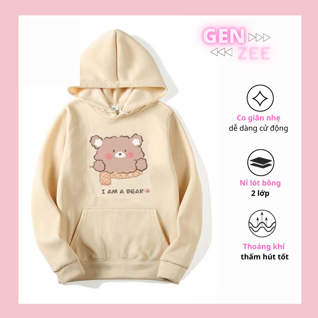 Áo nỉ Hoodie freesize form rộng hình gấu nâu brown bear cute ( màu be)
