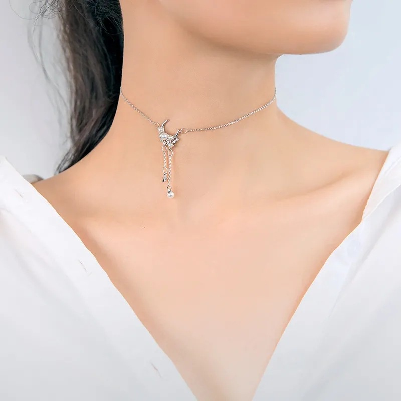 Vòng cổ Ngắn Hình Trăng Sao Đính Ngọc Trai Đơn Giản Cho Nữ