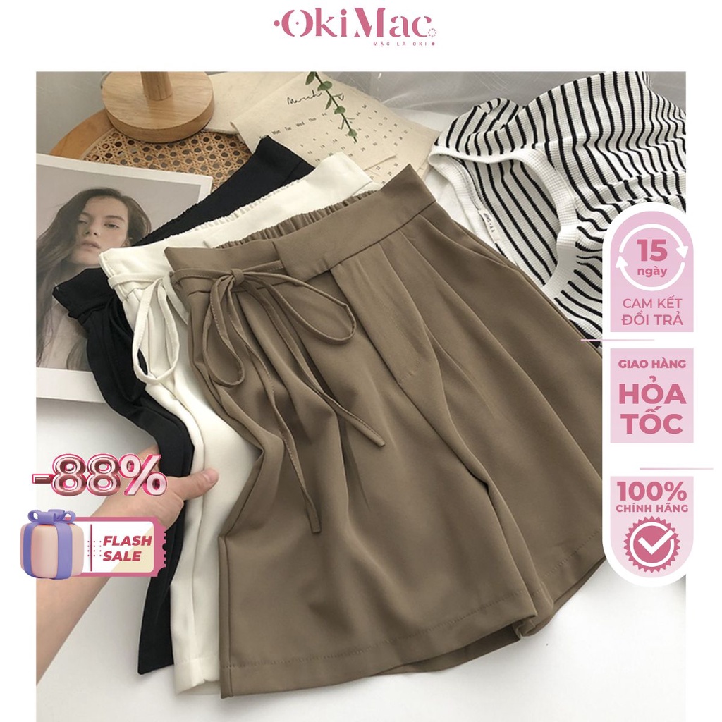 Quần short lửng nữ OKIMAC ống rộng cạp chun cài khuy thắt nơ eo xinh xắn chất tuyết mưa phong cách ulzzang thời trang nữ