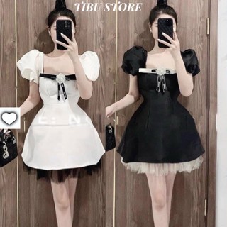 Đầm nữ tiểu thư cổ yếm hai màu đen trắng TIBU, Váy dự tiệc phối lưới nơ tay phồng dáng xoè cực xinh đi chơi
