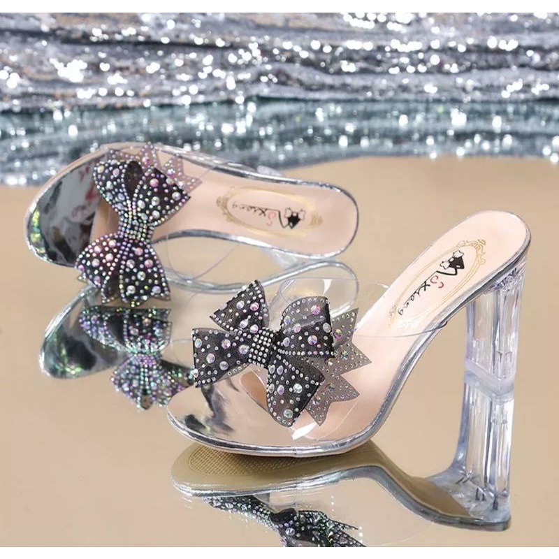 Dép cao gót đế trong meca quai nơ hột cao cấp