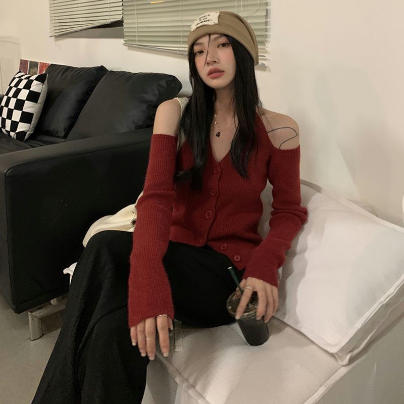 Áo sweater Cổ Chữ V Hở Vai Màu Trơn Thời Trang Mùa Thu 2022 Mới Cho Nữ