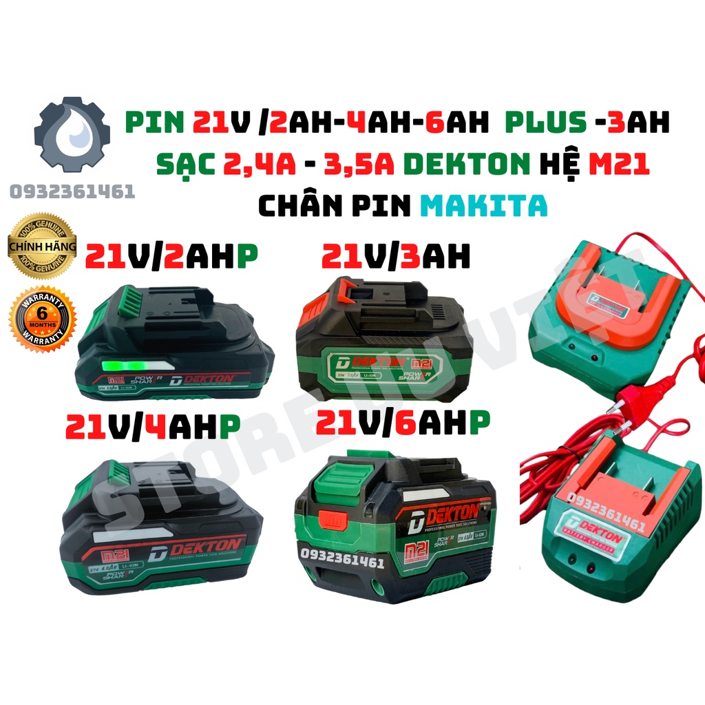 Pin Sạc Dekton Plus 21V 2Ah 3Ah 3.5Ah 4Ah 6AH NÂNG CẤP chân MAKITA thông dụng BH 6 Tháng GIÁ TỐT