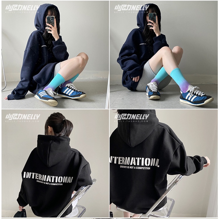 Áo hoodie Nelly nỉ lót lông mềm in hình "International" áo sweater