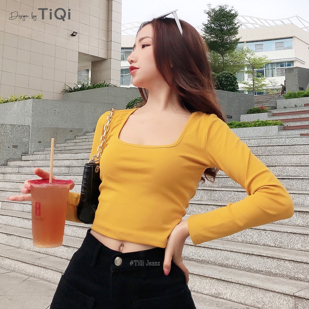 Áo croptop thun cotton tay dài cổ vuông nhiều màu TiQi Jeans A101