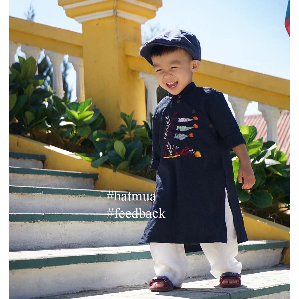 Áo dài bé trai Đại Lộc vải đũi mềm mát thấm hút mồ hôi thêu hình cá