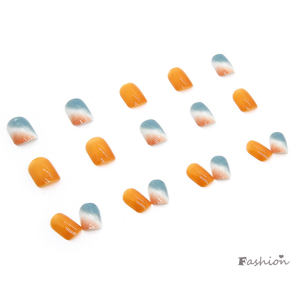 Bộ 24 Móng Chân Giả Ngắn Màu Cam / Xanh Dương Bóng Dễ Xé Không Rơi Trang Trí Móng Tay DIY Phong Cách Pháp Cho Nữ Và Phụ Nữ