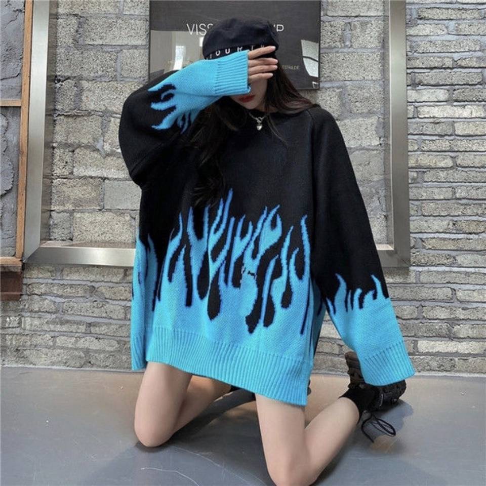 Áo Sweater Dệt Kim Dày Dặn Phối Màu Sắc Ngọn Lửa Phong Cách Hàn Quốc Thời Trang Thu Đông Cho Nữ