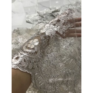 Vải ren lưới thêu kết chỉ kim tuyến ánh bạc 2 biên đẹp sang giá 1m_