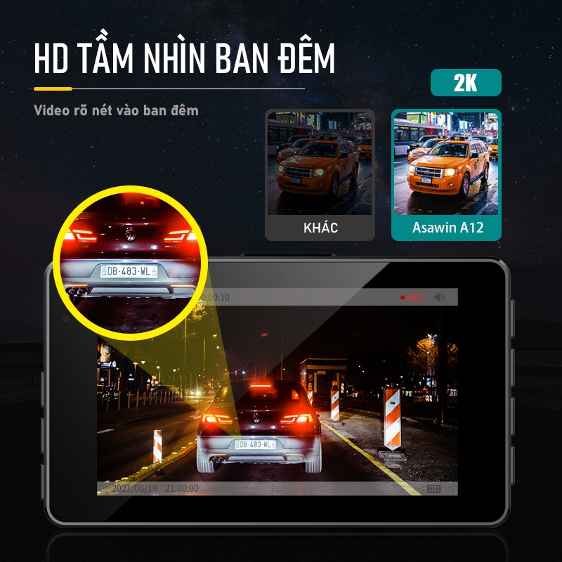 Asawin A12S Camera hành trình ống kính kép Mặt trước và mặt sau Cho Camera ô tô Chế độ đỗ xe 24H WDR HDR IPS 3 inch Tầm nhìn ban đêm | BigBuy360 - bigbuy360.vn