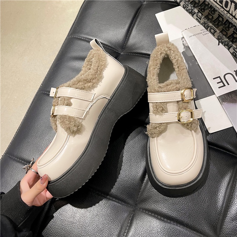 Giày Da Mũi Tròn Phối Dây Khóa Thời Trang Cho Nữ